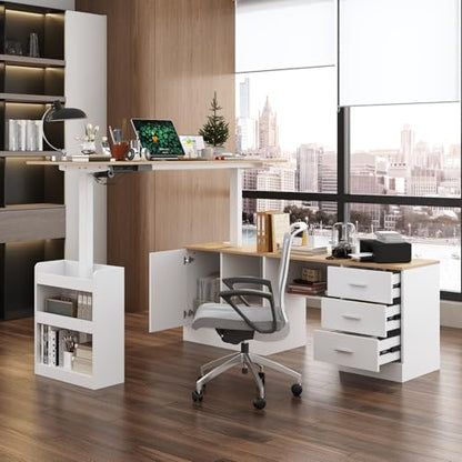 MOUMON L Shaped Standing Desk with Drawers and Shelves, Executive Adjustable Height Desk, L-Shaped Design, 63 inch Tabletop, for Office Oak and White (63”W x 63”D x 28.9-45.3”H) - color: Oak and White, size: 63”W x 63”D x 28.9-45.3”H