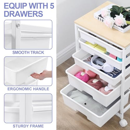SYKIARIOL Rolling Cart with Drawers, 5 Drawers Utility Cart, Bright White - color: Bright White