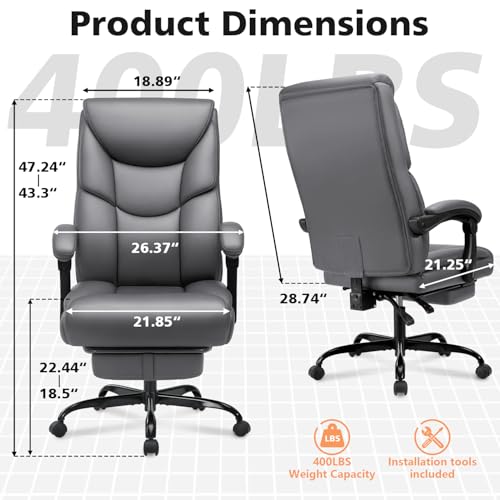 WAILOR 400lbs Office Chair with Foot Rest, Reclining Big and Tall Office Chair with Lumbar Support, High Back PU Leather Computer Chair,Comfy Desk Chair for Home Office (Gray) - color: Grey