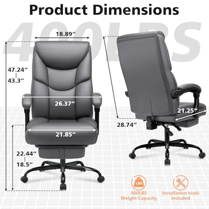 WAILOR 400lbs Office Chair with Foot Rest, Reclining Big and Tall Office Chair with Lumbar Support, High Back PU Leather Computer Chair,Comfy Desk Chair for Home Office (Gray) - color: Grey