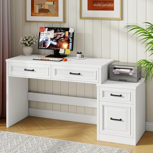 Vabches 61" Farmhouse Computer Desk with Storage and File Drawer, White | Executive Desks with Printer Stand, Rustic Large Home Writing Desk for Home Office - color: White