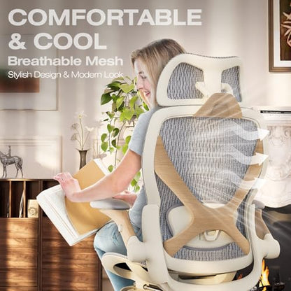 ELABEST X100 Ergonomic Mesh Office Chair with Footrest, Big and Tall Home Desk Chair with 5D Flip-Up Arms, Adjustable 3D Lumbar Support, Gaming & Executive Computer Chair (Foggy Morning) - color: Foggy Morning