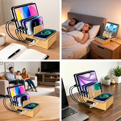 6 Port USB Charging Station for Multiple Devices 200W USB C Laptop Charger for MacBook Tablet 15W 3-in-1 Wireless Charger for iPhone/Apple Watch/AirPods Bamboo Charging Station Organzier