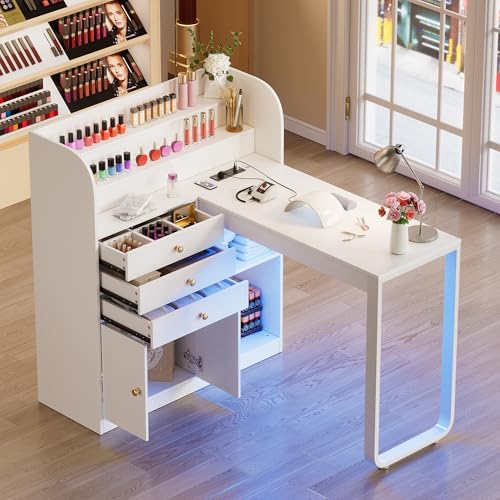 PAKASEPT L-Shaped Manicure Table with Shelves, Nail Table Desk w/Storage Drawers & Cabinet