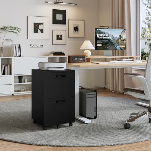 DUMOS 2 Drawer Filing Cabinet, Rolling Wood File Cabinet for Home Office, Under Desk Storage with Lockable Wheels, Printer Stand, Office Organizer, Black