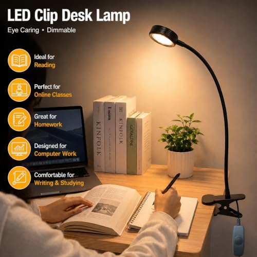 USB Clip-On Desk Lamp Eye Caring Dimmable Reading Light (Amber Light, 8W) | Dimmable, Inline Switch, 1M Timer, USB 5V Port, 1800K, 81inch Long Cable, Flexible Gooseneck， Metal Head and Clip - color: Amber Light
