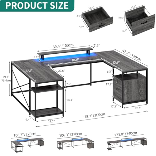 YITAHOME U Shaped Desk with Power Outlets & LED Lights, 79" Reversible L Shaped Desk with Drawers, Corner Computer Desk Office Desks with Monitor Stand & Storage Shelves, Grey