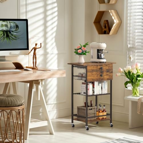 ETELI Coffee Cart Station with Lockable Wheels and Coffee Pod Storage | 5 Tier Coffee Bar Cart with 2 Drawers and Wire Mesh Storage for Kitchen Living Room Office Coffee Nook, Rustic Brown