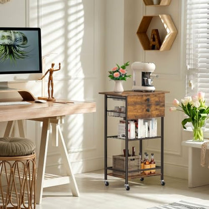 ETELI Coffee Cart Station with Lockable Wheels and Coffee Pod Storage | 5 Tier Coffee Bar Cart with 2 Drawers and Wire Mesh Storage for Kitchen Living Room Office Coffee Nook, Rustic Brown