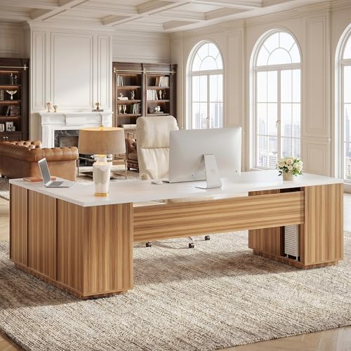 Tribesigns 85.8-Inch L-Shaped Executive Desk, White & Brown - color: White & Brown