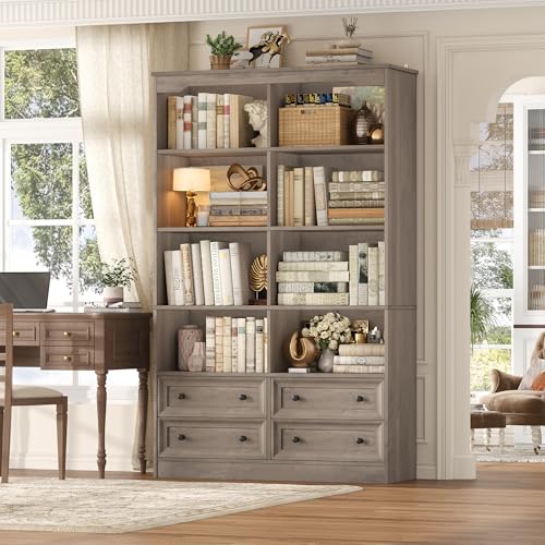 71" Tall Bookshelf with 4 Drawers Large Bookshelf Office Bookcase | 6-Tier Double Wide Bookshelves and Bookcases with Storage, Tall Bookshelf Standing Book Cabinet for Home Office, Ash Grey - color: Ash Grey