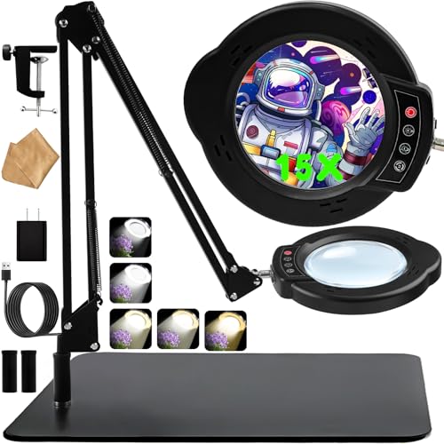 15X Magnifying Glass with Light and Stand, 2-in-1 Lighted Magnifying Desk Lamp Dimmable Magnifier Lamp with Light and Clamp Long Arm 84PCS LED Beads Real Glass Lens for Work Close Work Hobby - size: Stand & Clamp