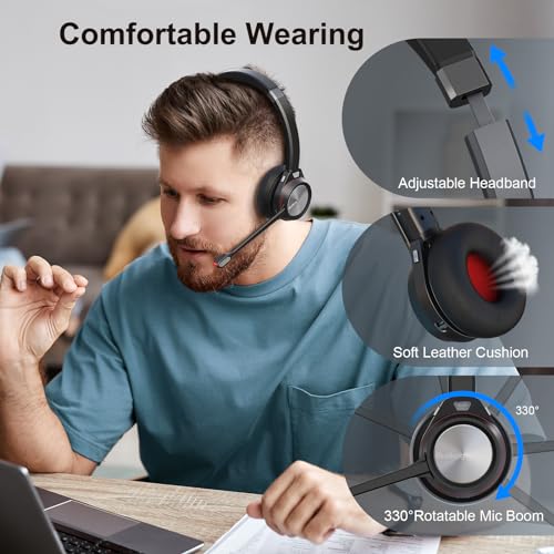 Bluetooth Headset with Microphone & Mute Button, 30 Hrs Working Time, Mono Noise Cancelling for PC Laptop Teams Zooms Work Business Meeting