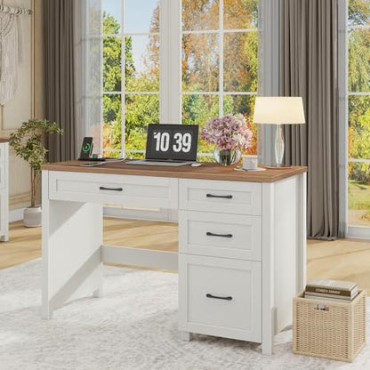 Farmhouse 47" Computer Desk, Executive Desk with File Drawer, Off White - color: Off White