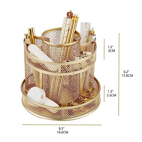 Annova Mesh Desk Organizer Rotate with 5 Compartments Round Spinning Tidy Candy/Pen Holder Desk Accessories Office, Art Supply, Storage, Classroom, Home (Gold) - color: Gold