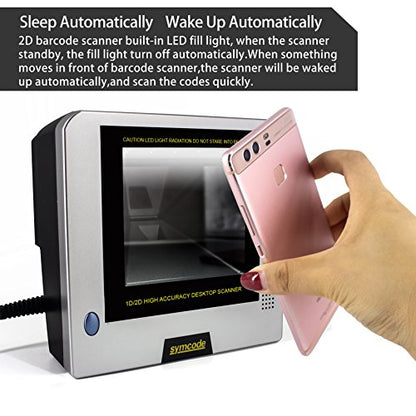 2D QR Barcode Scanner,Symcode Omnidirectional Hands-Free Automatic Barcode Reader Able to Read PDF417 on ID Card,Driver's License,Passport