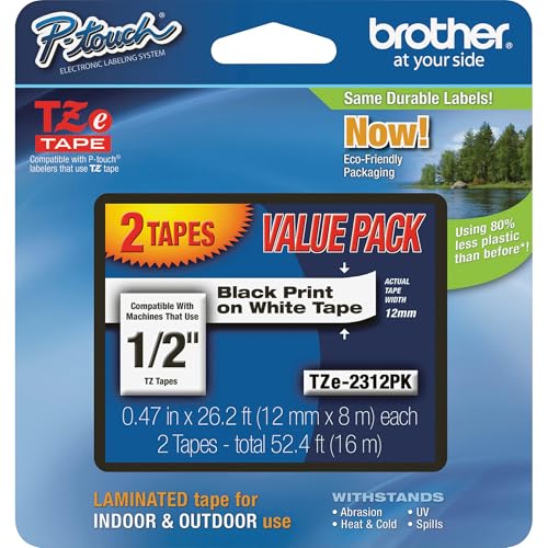 Brother Genuine P-Touch, TZe-231 2 Pack Tape (TZE2312PK) ½”(0.47”) x 26.2 ft. (8m) Laminated P-Touch Tape, Black on White (Pack of 2) - color: Black Print on White, size: Pack of 2, style: Old Packaging