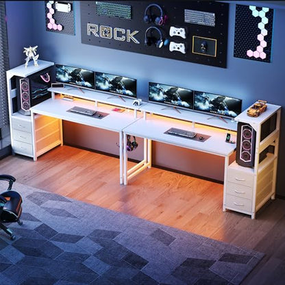 59" Reversible Gaming Desk with LED Lights Power Outlets, White | Computer Desk with Drawers Can be Used to Store Odds and Handles, Elevated PC Stand To Help You Showcase Your DIY Cases. - color: White, size: 60 In