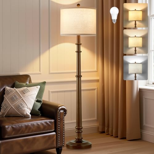 Floor Lamps for Living Room - 60" Farmhouse Floor Lamp with Adjustable Color Temperatures - Vintage Standing Lamp Reading Light with Linen Shade Rustic Tall Lamp for Bedroom Office, Wood , Walnut - color: Walnut