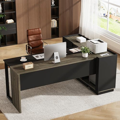 70" Executive Desk with Cabinet Storage, L-Shaped Office Desk with 3 Drawers and Shelves, Large Computer Desk Business Furniture for Home Office (Gray & Black)