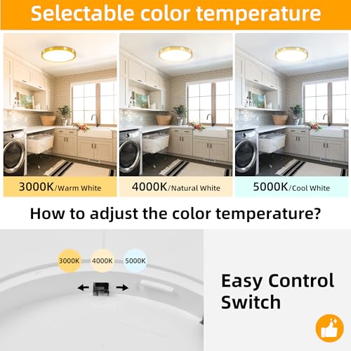 Hlite 12 inch Flush Mount LED Ceiling Light Fixture,2400LM,3CCT,6Pack | 24W Super Slim Light Fixtures Ceiling Mount 3000K/4000K/5000K Selectable,Light Fixtures for Kitchen,Bedroom,Gold - color: Gold, size: 12 inch-6
