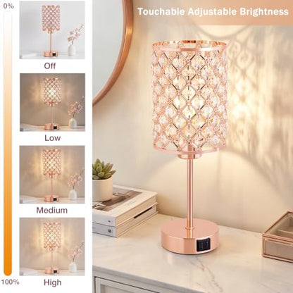 Crystal Table Lamp, Rose Gold Touch Lamp with USB C+A Port, 3-Way Dimmable - color: Rose Gold, size: 14.75"