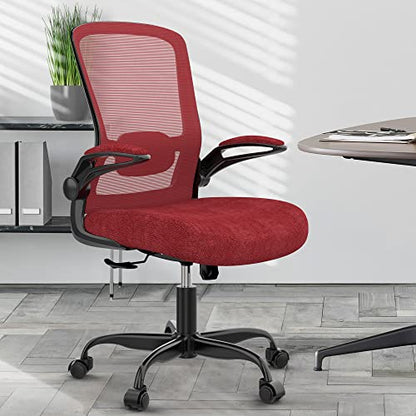 Ergonomic Office Chair w/Adjustable Lumbar, Flip Armrest, 135° Recline - color: Red, Carmine Roses