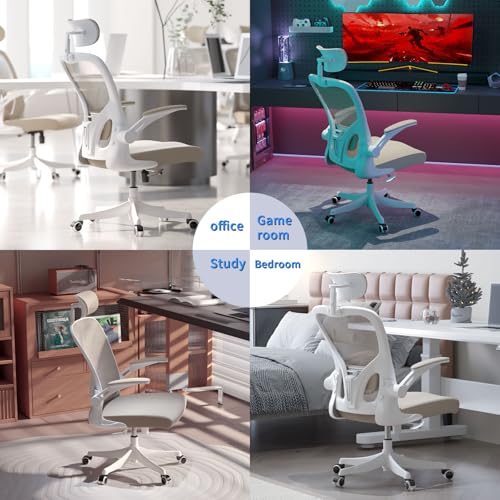 Monhey Office Chair Ergonomic Desk Chair with Lumbar Support&Headrest&Flip-up Arms Height Adjustable Rocking Swivel Computer Chair Multi-Angle from 90° to 125° with 350LBS Capacity (02White+Khaki) - color: 02white+khaki