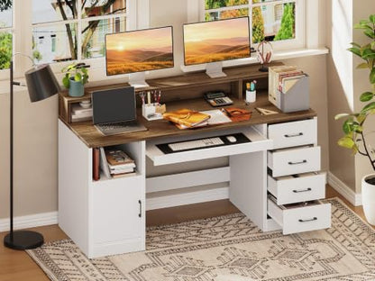 RALGEND 55" Office Desk with Drawers, Farmhouse Executive Desk with Drawers - color: White, Walnut