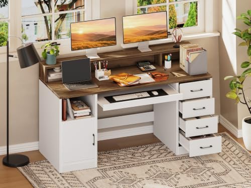 RALGEND 55" Office Desk with Drawers, Farmhouse Executive Desk with Drawers - color: White, Walnut