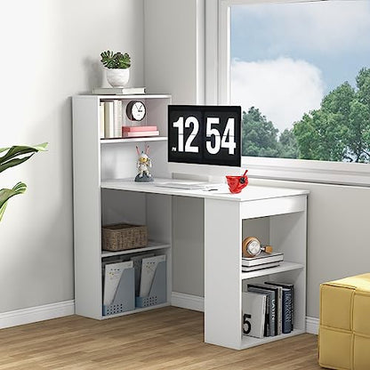 GIANTEX 48 Inch Computer Desk with Bookshelf, 3-in-1 Home Office Desk with 4-Tier Bookcase & CPU Stand, Space-Saving Reversible Writing Desk Work Table for Bedroom, Study Room, Office (White) - color: White