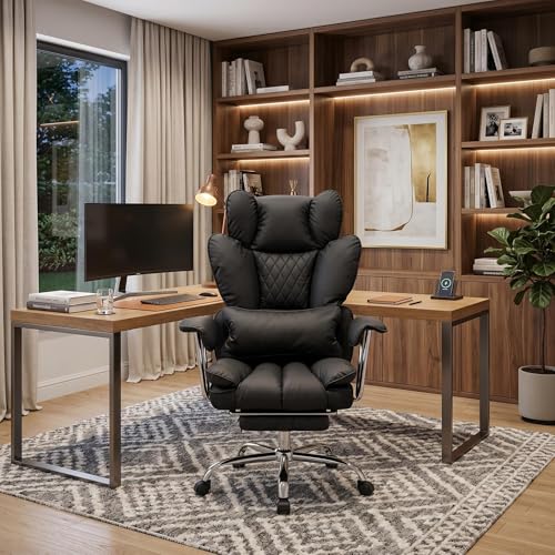 Big and Tall Office Chair with Pocket Spring Cushion, High Back Ergonomic Desk Chair for Home Office, Thick Padded Seat, Adjustable Armrests & Lumbar Support, with Footrest, PU Leather, Black - color: Black