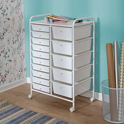 Honey-Can-Do 15-Drawer Metal Rolling Storage Cart, White Steel Multi-Purpose Organizer with Wheels, Heavy Duty Mobile Utility Trolley for Home Office, School, and Craft Supplies