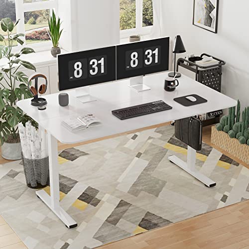 YESHOMY Height Adjustable Electric Standing Desk, 55 inch Computer Table, Home Office Workstation, White Leg/White Top - color: White Leg/White Top, size: 55in