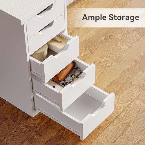 LITTLE TREE Computer Desk with 5 Drawers, 47 Inch White Modern Simple Study Writing Desk with Metal Frame, Work Desk for Home Office - color: White