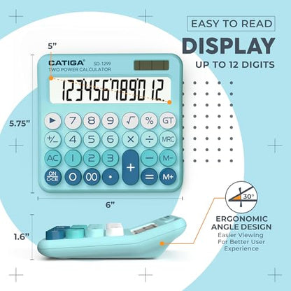 CATIGA Mechanical Switch Calculator with Solar and Battery Dual Power, 12-Digit Large LCD Display, Aesthetic and Cute Desktop Calculator with Big Button, for Home, School and Office Use, SD-1299 - color: Z) Aqua Blue