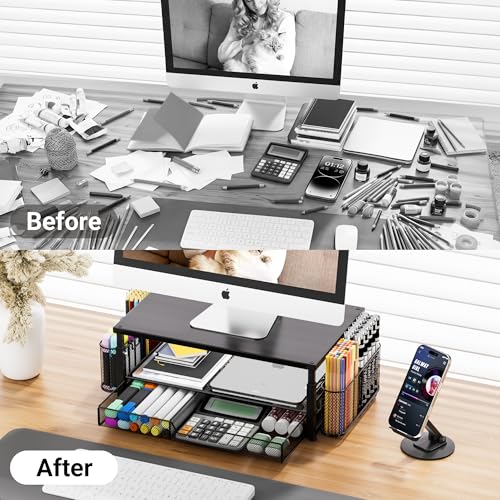 Desk Organizer and Accessories with Cellphone Holder, Height Adjustable 2-Tier Computer Monitor Stand Riser with Drawer and 2 Pen Holders,Office Desk Accessories for Office Supplies, Black