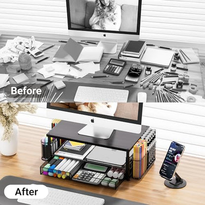 Desk Organizer and Accessories with Cellphone Holder, Height Adjustable 2-Tier Computer Monitor Stand Riser with Drawer and 2 Pen Holders,Office Desk Accessories for Office Supplies, Black
