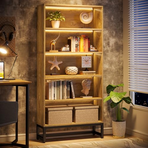 Tribesigns Tall Bookcase and Bookshelf, 70.8" Large Bookcases Organizer with LED Lights, Heavy Duty Free-Standing Library Bookshelf with 5-Tier Storage Shelves for Living Room, Bedroom (Brown) - color: Brown
