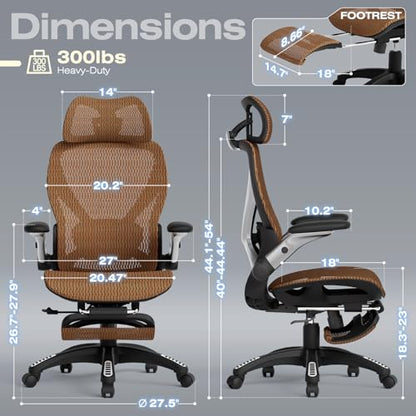 ELABEST X100 Ergonomic Mesh Office Chair with Footrest, Big and Tall Home Desk Chair with 5D Flip-Up Arms, Adjustable 3D Lumbar Support, Gaming & Executive Computer Chair (Tangerine Burst) - color: Tangerine Burst