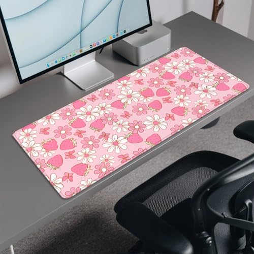 Strawberries and Flowers Extended Desk Pad Mouse Pad,Large Gaming Butterfly Floral Mouse Mat with Stitched Edges,Non-Slip Rubber Base Mousepad for Office PC Keyboard Laptop Home - color: Pink Butterfly Strawberry Flower