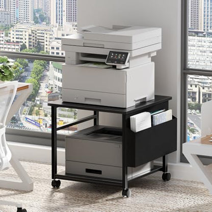 Lerliuo Black Large Printer Stand with Storage | 23.6" W x 23.6" D x 22.8" H Printer Table for Home Office, Rolling Printer Cart Holder with Lockable Wheels & Side Pocket - color: Black