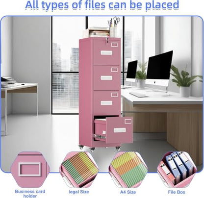 METAN 4-Drawer Pink Metal File Cabinet with Lock and Wheels | 17.7"D x 15"W x 54"H vertical cabinet with 4 full-extension drawers for letter/legal folders; assembly required - color: Pink, size: 4 Drawers-54"H