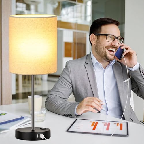 Lynnoland Set of 2 Touch Beige Table Lamps with 2 USB Ports & AC Outlet, 3-Way Dimmable Bedside Nightstand Lamps for Living Room Nursery Office Bedroom, 800 Lumens 2700K Warm Bulbs Included - color: Beige Linen & Matte Black (Base) - 2700K