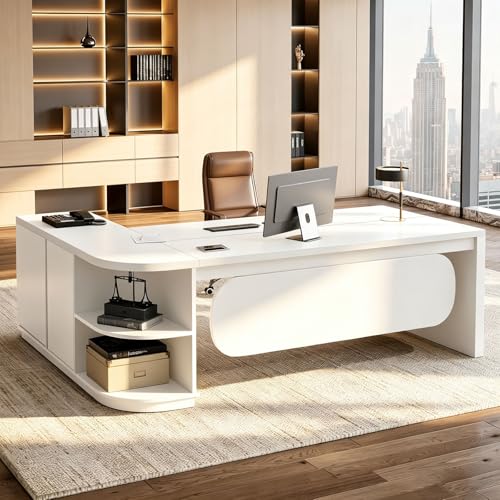 Executive Desk L Shaped Office Desk with Storage Cabinet, Large Wood Table with Drawers, Cable Grommet & Modesty Panel, Modern Home Office Furniture for Manager Workspace, Multiple Sizes - color: White a - Right, size: 59.1*31.5*29.5in