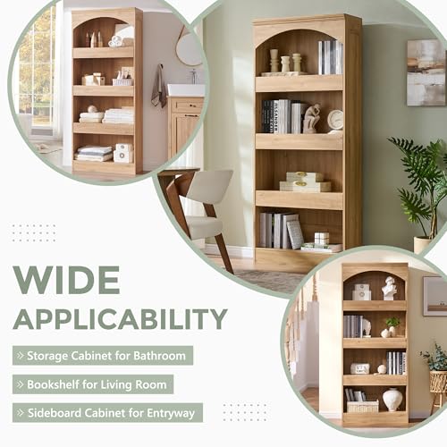 IFGET 76" Tall Arched Bookcase with 1PC Magnetic Lock Drawer, Natural | Modern Wooden Arch Bookshelf w/3 Pull-Out Drawers, Farmhouse 4 Tiers Book Shelf w/Open Shelves for Living Room, Office - color: Natural, size: With Drawers