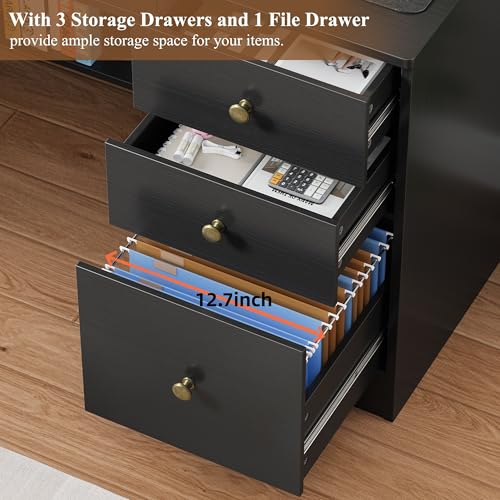 TTVIEW Computer Desk with Drawers and Hutch Shelf, Wood Executive Desk Writing Study Table with 43” Wide Tabletop, Small Desk with File Drawer for Home Office Bedroom, Black - color: Black