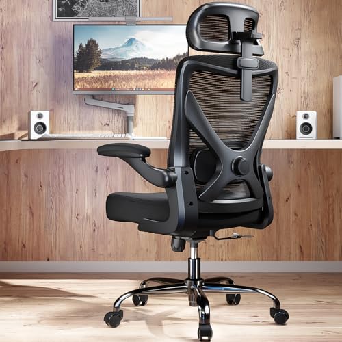 Ergonomic Office Chair: Mesh Desk Chair Comfy with Headrest& Lumbar Support | Ergalithic Big and Tall Office Chairs with Wheels & Flip-Up Arms-Computer Gaming Chairs for Adults Home Office (Full Black) - color: Full Black, size: Pack of 1