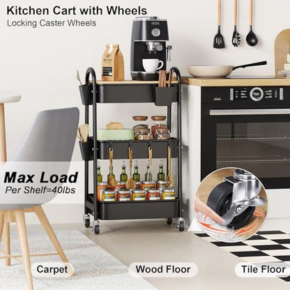3 Tier Metal Heavy Duty Rolling Cart with Wheels & Wood Table Top, Black | Three-Tiered Organizer on Wheels, Storage Utility Cart for Craft, Art, Diaper Caddy, Baby Nursery, Office, Laundry,Snack,Book - color: Black