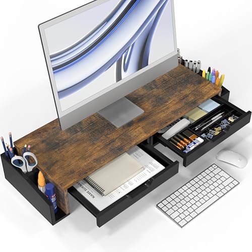 Simple Houseware Desk Dual Monitor Stand Riser with 2 Drawers, Rustic Brown - color: Rustic Brown